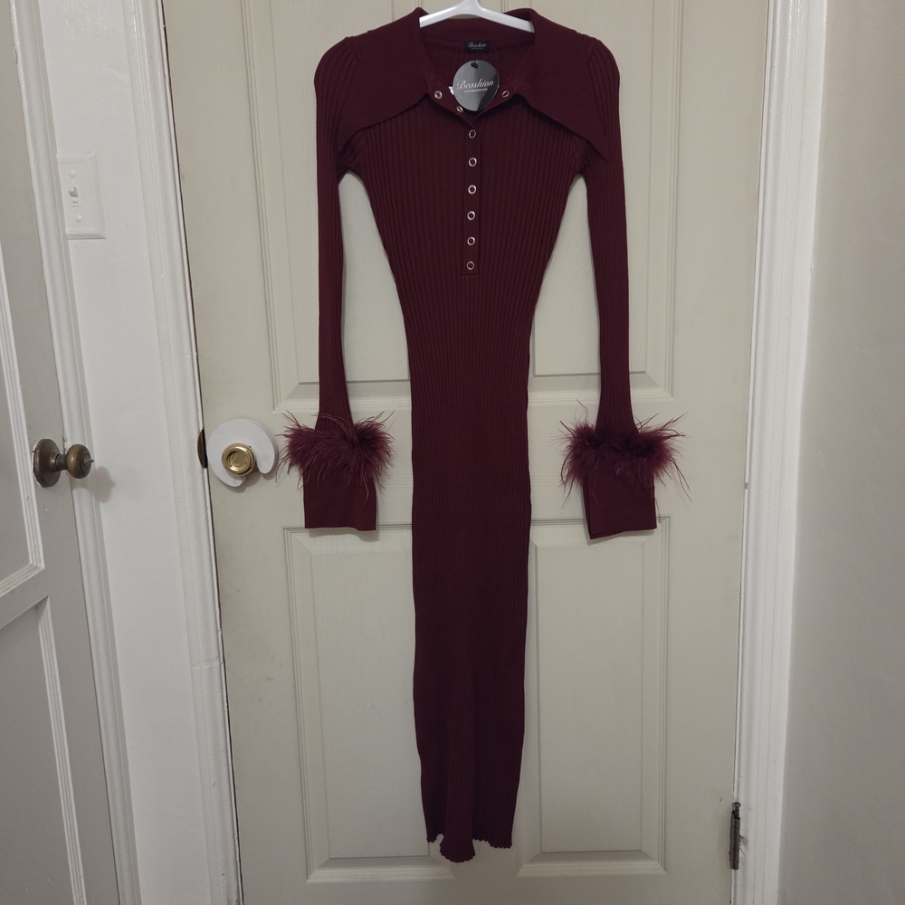 Elegant Burgundy Knit Dress with Feather Cuffs